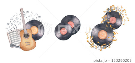 Watercolor six string guitar, microphone, vinyl record and open music notebook with musical notes illustration clip art isolated background. Composition set for themed projects, festival design. 133290205