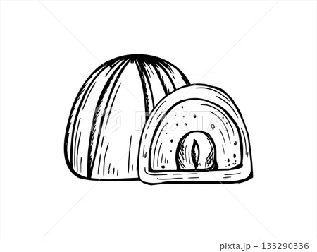 Chocolate nut candies of cross section, whole with fillings inside vector isolated line art black ink illustration. Monochrome hand drawn sweets with dark chocolate, cream and hazelnuts nut kernel 133290336