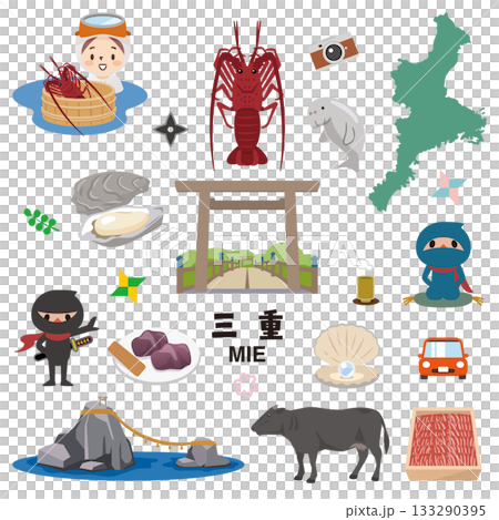 Mie Prefecture specialties and tourist attractions icon set Ise-Shima specialty products vector illustration 133290395