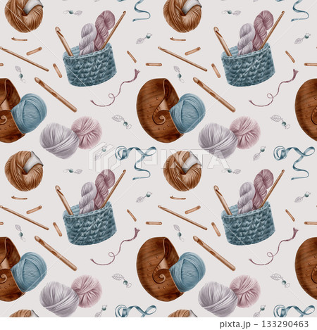 Seamless pattern dedicated to the hobby of crochet,featuring accessories like hook,woven and wooden basket,yarn balls,measuring tape,product tags and stitch markers.Hand drawn watercolor illustration 133290463