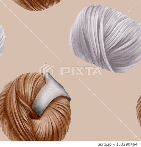 Round yarn balls with a paper tag in seamless pattern brown and grey color symbolizing International Knitting Public Day.It holds the warmth and coziness of a home hearth.Watercolor illustration 133290464