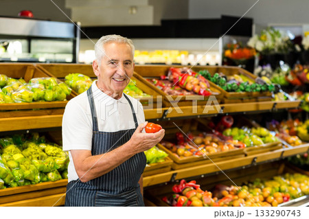 Senior male grocery store employee wearing apron holding red tomato beside produce bins Senior male grocery store employee wearing apron holding red tomato beside produce bins 133290743