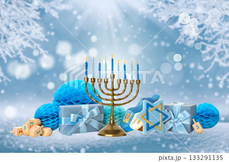 Menorah with blue candles and Hanukkah decor Menorah with blue candles and Hanukkah decor 133291135