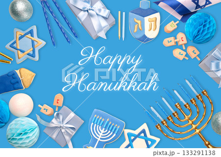 Blue background featuring decorations for Hanukkah holiday Blue background featuring decorations for Hanukkah holiday 133291138