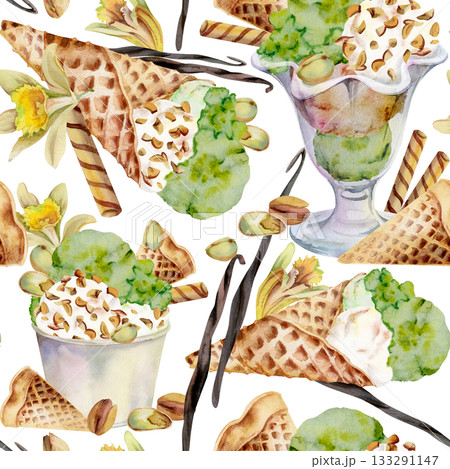 Vanilla flower and pods, nuts garnish on pistachio gelato ice cream in waffle cone, glass bowl or paper cup. Isolated seamless pattern hand drawn in watercolor. Organic flavor combo, gourmet branding 133291147