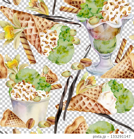 Vanilla flower and pods, nuts garnish on pistachio gelato ice cream in waffle cone, glass bowl or paper cup. Isolated seamless pattern hand drawn in watercolor. Organic flavor combo, gourmet branding 133291147