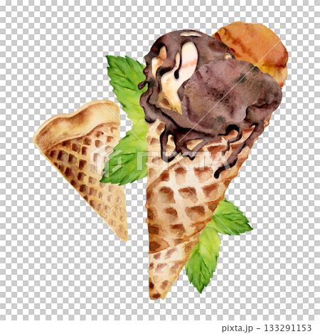 Toasted custard caramel creme brulee gelato in classic waffle cone with melted chocolate syrup and mint leaves. Isolated illustration hand drawn in watercolor. Gourmet food print, frozen snack wrap. Toasted custard caramel creme brulee gelato in classic waffle cone with melted chocolate syrup and mint leaves. Isolated illustration hand drawn in watercolor. Gourmet food print, frozen snack wrap. 133291153