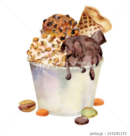 Gelato ice cream scoop in plastic cup, chocolate chips, crushed nuts toppings, melting syrup, waffle candy dragee pistachio nuts. Isolated illustration hand drawn in watercolor. Summer event branding 133291155