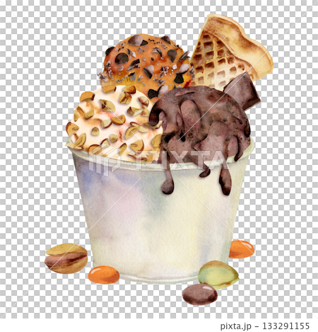 Gelato ice cream scoop in plastic cup, chocolate chips, crushed nuts toppings, melting syrup, waffle candy dragee pistachio nuts. Isolated illustration hand drawn in watercolor. Summer event branding 133291155