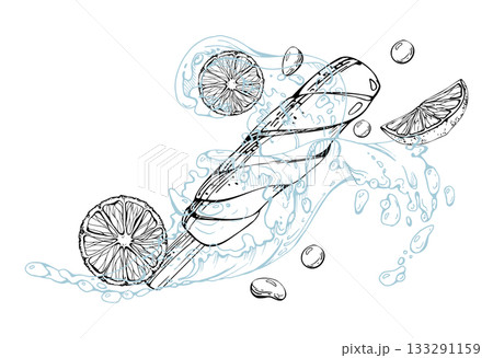 Citrus ice cream stick popsicle with fresh orange lemon slices, splashing water waves, droplets. Vector graphic line illustration hand drawn in ink. Frozen treat decor, cafe signage, product branding 133291159