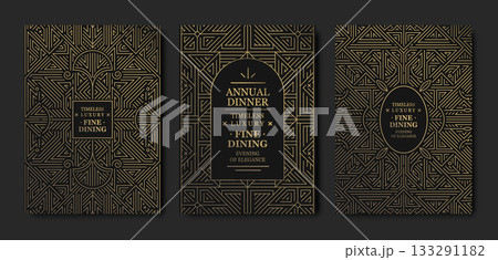 Luxury background, geometric Art Deco pattern, elegant gold line art, Gatsby border for premium gala designs. Modern vector template, VIP invitations, posters, covers, prestige event branding 133291182