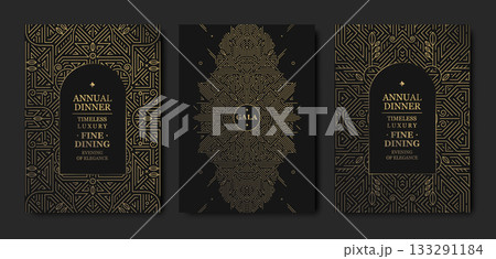 Luxury background, geometric Art Deco pattern, elegant gold line art, Gatsby border for premium gala designs. Modern vector template, VIP invitations, posters, covers, prestige event branding 133291184