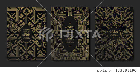 Luxury background, geometric Art Deco pattern, elegant gold line art, Gatsby border for premium gala designs. Modern vector template, VIP invitations, posters, covers, prestige event branding 133291190