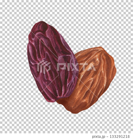 Red and golden raisins watercolor illustration on isolated background. Raw organic dried dark grapes. Delicious dehydrated berry composition for bakery, snack package, Xmas drink decoration 133291218