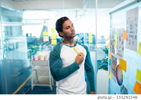 Asian man standing in office holding yellow marker and studying sticky notes on glass board 133291546