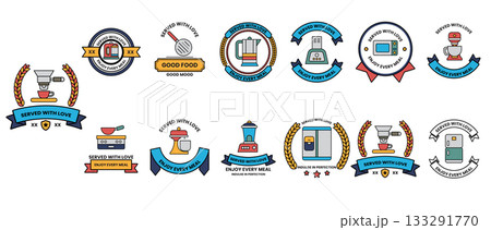 A collection of badges with various kitchen appliances and utensils A collection of badges with various kitchen appliances and utensils 133291770