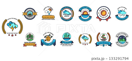 A collection of symbols and designs, including a sun, a cloud, and a tree A collection of symbols and designs, including a sun, a cloud, and a tree 133291794