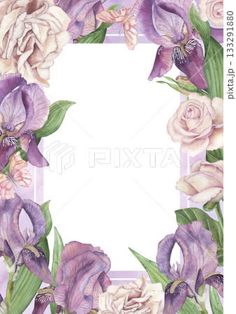 Watercolor floral frame with delicate pink roses, purple irises, green leaves, soft butterflies. Elegant botanical border for invitations, greeting cards, wedding stationery, spring designs Watercolor floral frame with delicate pink roses, purple irises, green leaves, soft butterflies. Elegant botanical border for invitations, greeting cards, wedding stationery, spring designs 133291880