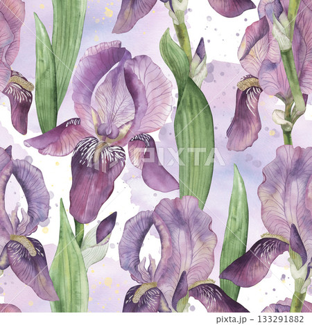 Seamless pattern with purple irises and green leaves on a background of watercolor stains, splashes. The illustration is hand-drawn in botanical style. For the design of textiles, packaging, wallpaper Seamless pattern with purple irises and green leaves on a background of watercolor stains, splashes. The illustration is hand-drawn in botanical style. For the design of textiles, packaging, wallpaper 133291882