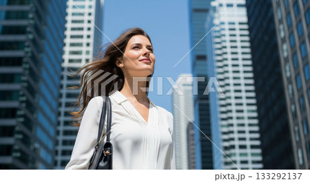 青空と高層ビルに囲まれたキャリア女性の一瞬 133292137