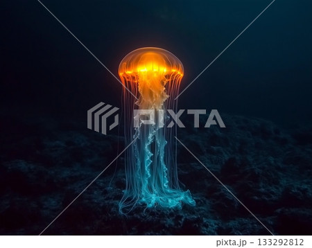 A mesmerizing jellyfish gracefully floats in deep blue ocean waters during twilight hours A mesmerizing jellyfish gracefully floats in deep blue ocean waters during twilight hours 133292812