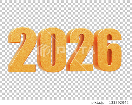 3D letters for 2026 seen from a right angle. CG illustration of three-dimensional letters with a luxurious golden texture. 133292942