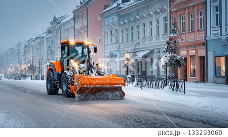 Snow plow tractor clearing snowy street in winter city with historic colorful buildings 133293060