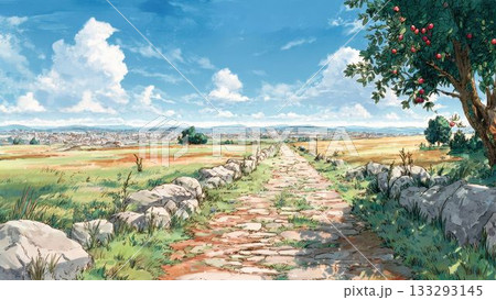 平原に続く道のゲーム背景素材 133293145