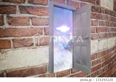 Open door on brick wall with sunbeams Open door on brick wall with sunbeams 133293220