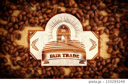 Sepia design Fair Trade emblem is floating over coffee bean burlap featuring barn and wheat motifs Sepia design Fair Trade emblem is floating over coffee bean burlap featuring barn and wheat motifs 133293249