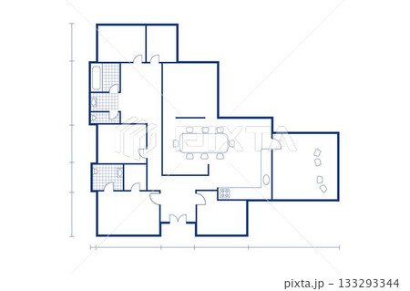 Architectural floor plan is being shown in blueprint style, with dining table, stove and fixtures 133293344