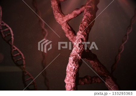 Displaying rough-textured DNA helix twisting amid blurred strands in reddish-brown molecular space Displaying rough-textured DNA helix twisting amid blurred strands in reddish-brown molecular space 133293363