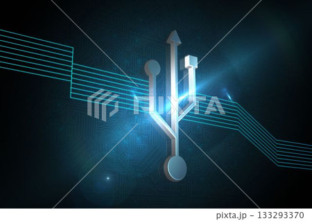 Metallic USB trident symbol is hovering at center in 3D render graphic with neon circuit lines 133293370
