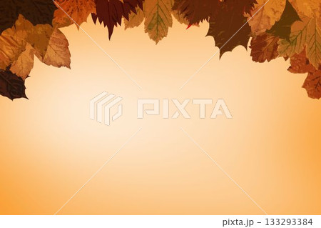 Cluster of autumn leaves is forming top-edge border in flat design, with warm gradient background 133293384