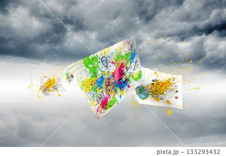 Digitally generated image of posters against the sky Digitally generated image of posters against the sky 133293432
