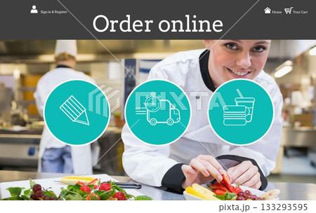 Female chef is arranging fresh fruit platter in flat design kitchen scene with teal icons Female chef is arranging fresh fruit platter in flat design kitchen scene with teal icons 133293595