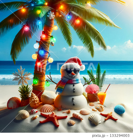 snowman under palm trees bright sun on seashore, christmas in tropics, holiday season snowman under palm trees bright sun on seashore, christmas in tropics, holiday season 133294003