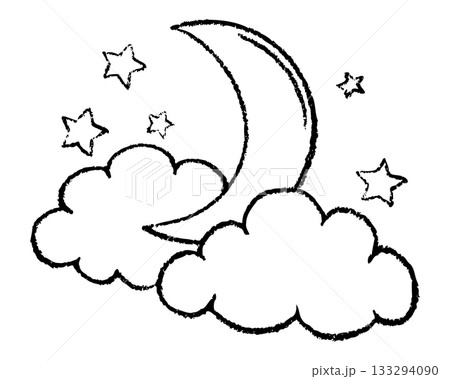 Simple Black Line Crescent moon, cumulus clouds and stars. Weather vector icon. Hand drawn by chalk. Outline doodle Illustration for kids goods,linen, pajamas and childrens room Simple Black Line Crescent moon, cumulus clouds and stars. Weather vector icon. Hand drawn by chalk. Outline doodle Illustration for kids goods,linen, pajamas and childrens room 133294090