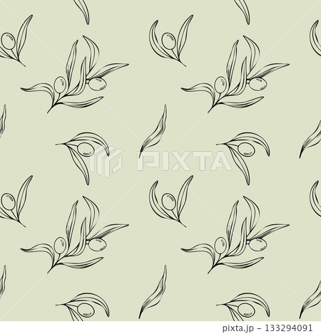 Seamless pattern of olive branch with berries and leaves. Hand drawn line art illustration. Olive color background with the symbol of Italy or Greek. Outline print for fabric, textile, wallpaper Seamless pattern of olive branch with berries and leaves. Hand drawn line art illustration. Olive color background with the symbol of Italy or Greek. Outline print for fabric, textile, wallpaper 133294091