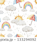 Children seamless pattern with umbrella, rainbows, sun, and fluffy rain clouds for fabrics, for kids goods,linen, pajamas. Watercolor hand drawn illustration. 133294092
