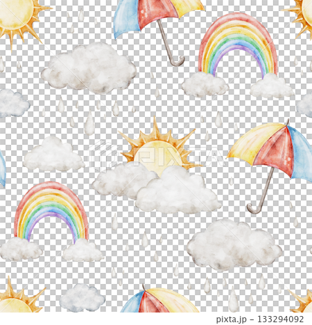 Children seamless pattern with umbrella, rainbows, sun, and fluffy rain clouds for fabrics, for kids goods,linen, pajamas. Watercolor hand drawn illustration. Children seamless pattern with umbrella, rainbows, sun, and fluffy rain clouds for fabrics, for kids goods,linen, pajamas. Watercolor hand drawn illustration. 133294092