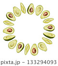 Circle half avocado wreath. Watercolor fruit leaves and flowers illustration. Hand drawn botanical drawing. Green plant on isolated background for food, cosmetic packaging design, card, invitation. 133294093