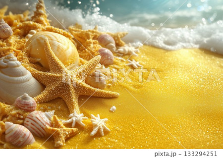 Golden beach sand filled with seashells and a starfish near the gentle waves during sunset 133294251
