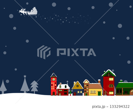 クリスマスの背景素材　サンタクロースとトナカイ　クリスマスツリーと冬の街並み　フレーム素材 133294322