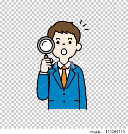 A simple upper body vector illustration of a young businessman surprised with a magnifying glass_Color A simple upper body vector illustration of a young businessman surprised with a magnifying glass_Color 133294330
