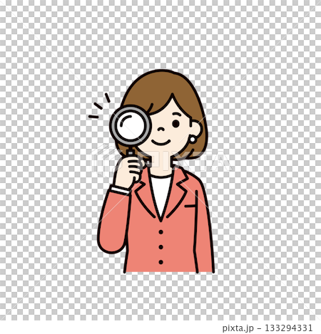 笑顔で虫眼鏡を覗く、若いビジネスウーマンのシンプルな上半身ベクターイラスト素材_カラー 笑顔で虫眼鏡を覗く、若いビジネスウーマンのシンプルな上半身ベクターイラスト素材_カラー 133294331