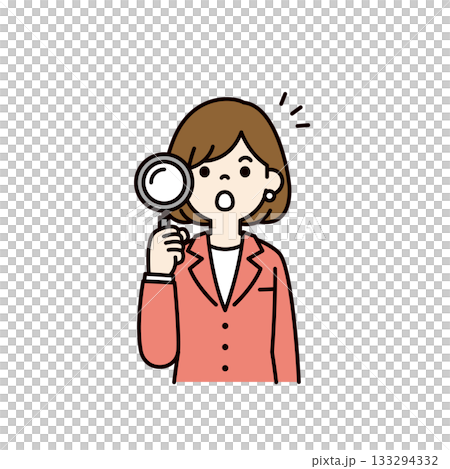 虫眼鏡を持って驚く、若いビジネスウーマンのシンプルな上半身ベクターイラスト素材＿カラー 133294332