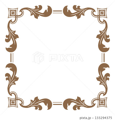 Brown vintage ornate frame, vector fancy decorative element, square ornament border, line floral art flourish design 133294375