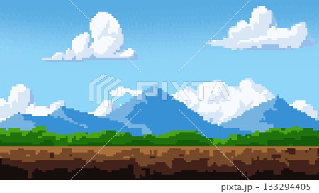 Pixel art background with a daytime landscape, clouds, land, trees, and mountains. 8-bit. 133294405