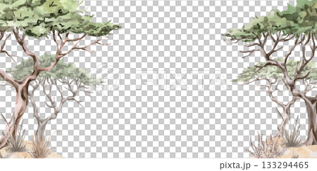 Rectangular frame with African acacia trees. Isolated watercolor illustration for interior design, eco-projects, travel agency websites and brochures, and apparel printing. Rectangular frame with African acacia trees. Isolated watercolor illustration for interior design, eco-projects, travel agency websites and brochures, and apparel printing. 133294465